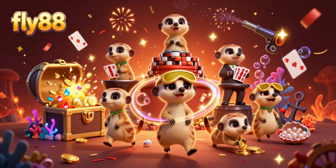 Experience vibrant casino thrills with fly88's meerkats managing games amidst treasures.