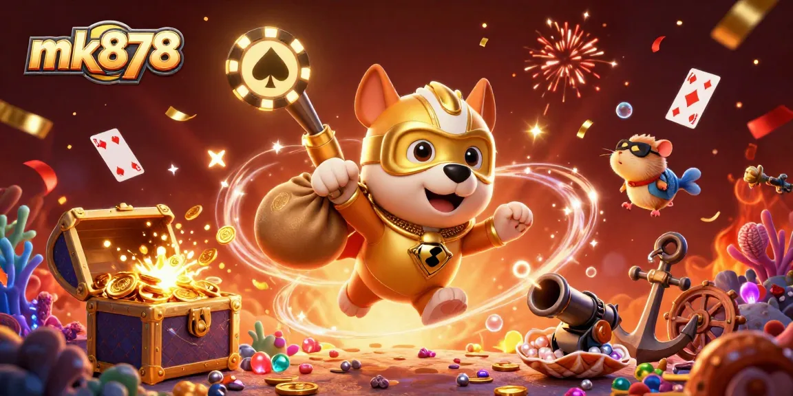 Experience the thrill of mk878 with a superhero dog collecting coins in an exciting, casino-themed adventure.