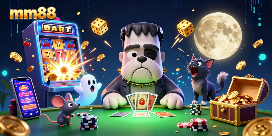 mm88 showcases a thrilling scene with a Frankenstein bulldog and vibrant casino elements, capturing the excitement of gaming.