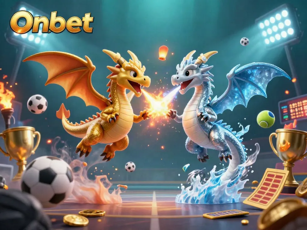 Onbet showcases thrilling sports betting action with dynamic dragons and sports elements in an engaging casino scene.
