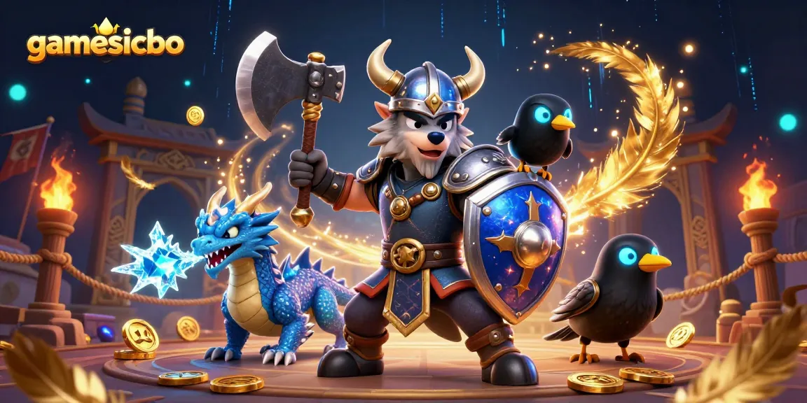 Engage with gamesicbo by witnessing a Viking wolf warrior and dragons in a dynamic casino scene.