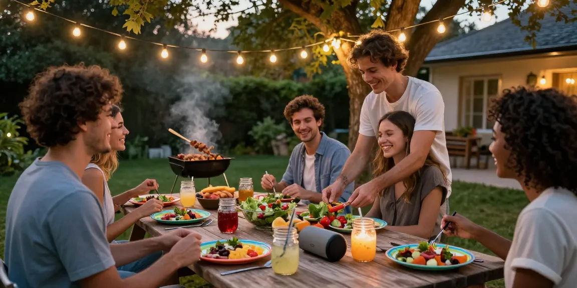 Kumpulan teman menikmati makanan sambil membahas situs epictoto di bawah lampu gantung.