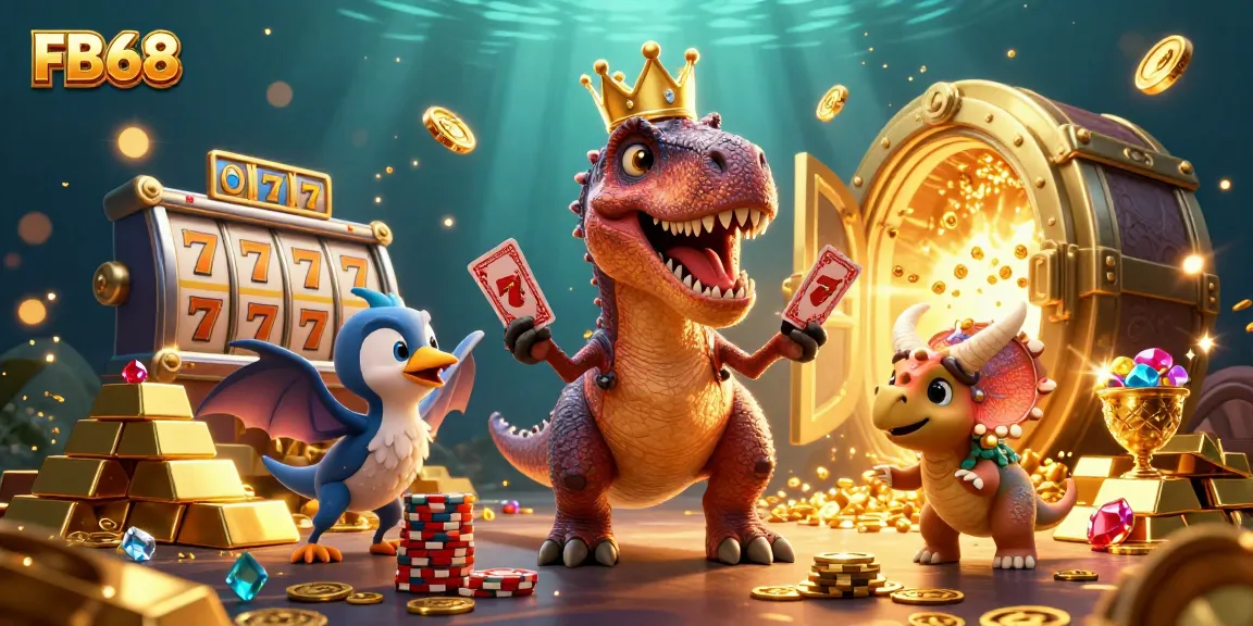 Experience thrills at FB68 with a T-Rex shuffling cards and chips while gems sparkle.