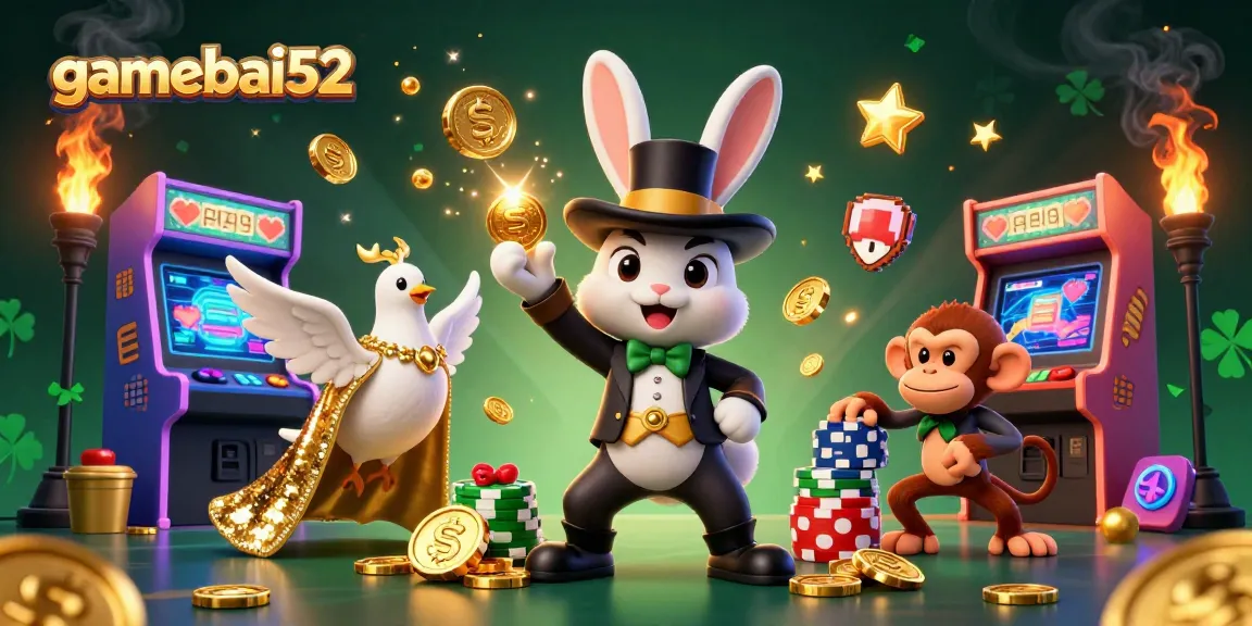 Engaging gamebai52 illustration showcasing a magician rabbit and casino elements, enticing gamblers.