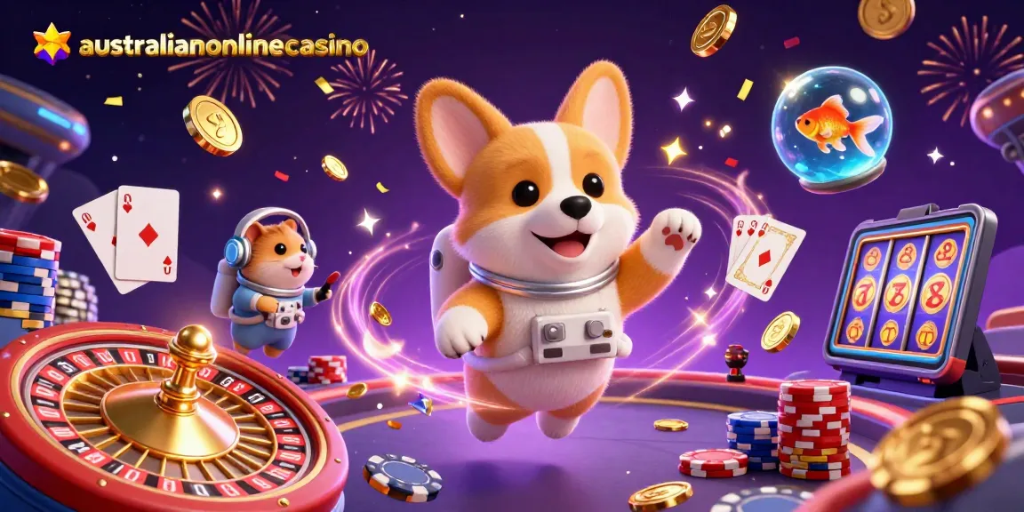 Experience winning moments at australianonlinecasino with an astronaut corgi amid floating coins and poker fun.