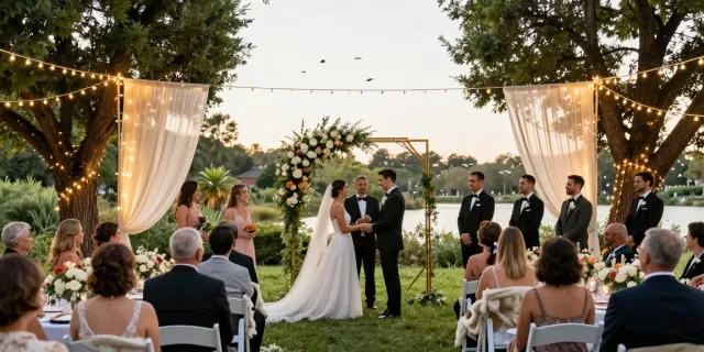 Event rentals for an elegant outdoor wedding ceremony with floral arch and beautiful decorations.