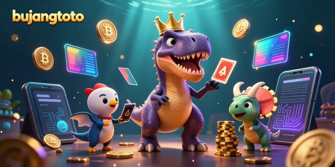 Engage with bujangtoto as a T-Rex, pterodactyl, and triceratops play cards and stack chips in a vibrant casino scene.