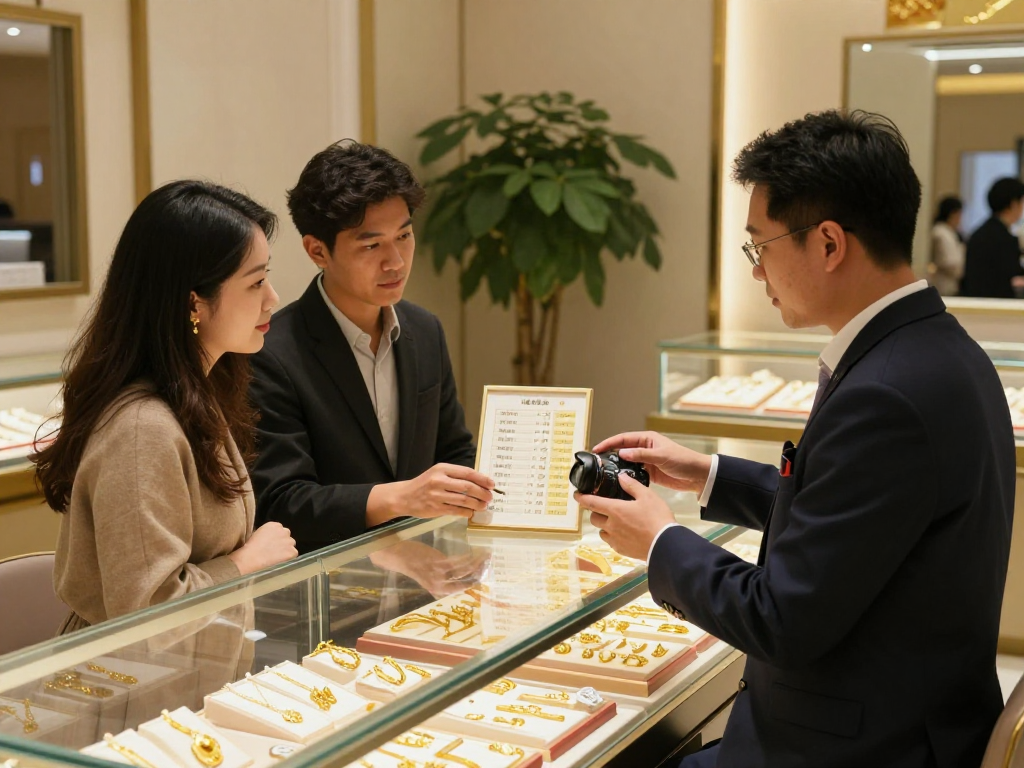 Couple exploring gold jewelry options with knowledgeable salesperson at the store featuring mantra88.
