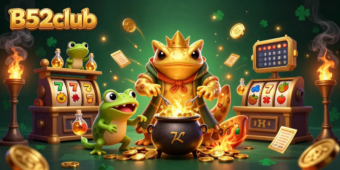 B52club showcases a golden salamander alchemist surrounded by slot reels and golden coins in a vibrant casino scene.