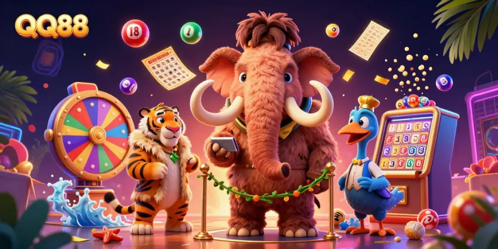 Experience the vibrant world of QQ88 with a cartoon mammoth bouncer, a VIP saber-tooth, and lively lottery elements.
