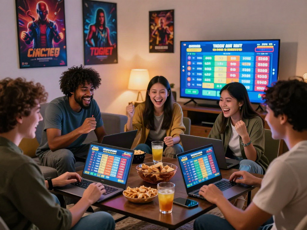 Friends enjoying togel online gaming in a cozy living room atmosphere.