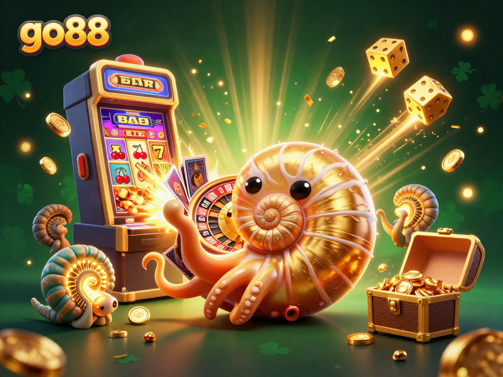 Engage with go88's thrilling casino world, featuring dynamic roulette and card games in a vibrant illustration.