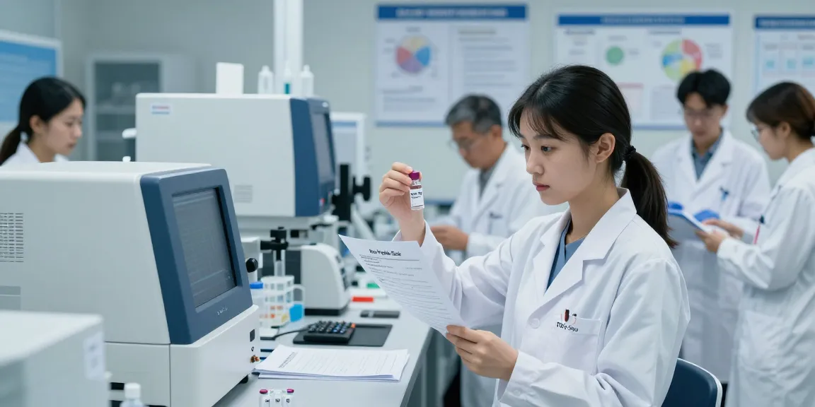 Koi Research Labs researchers examining Klow Peptide Stack in modern lab with advanced equipment.