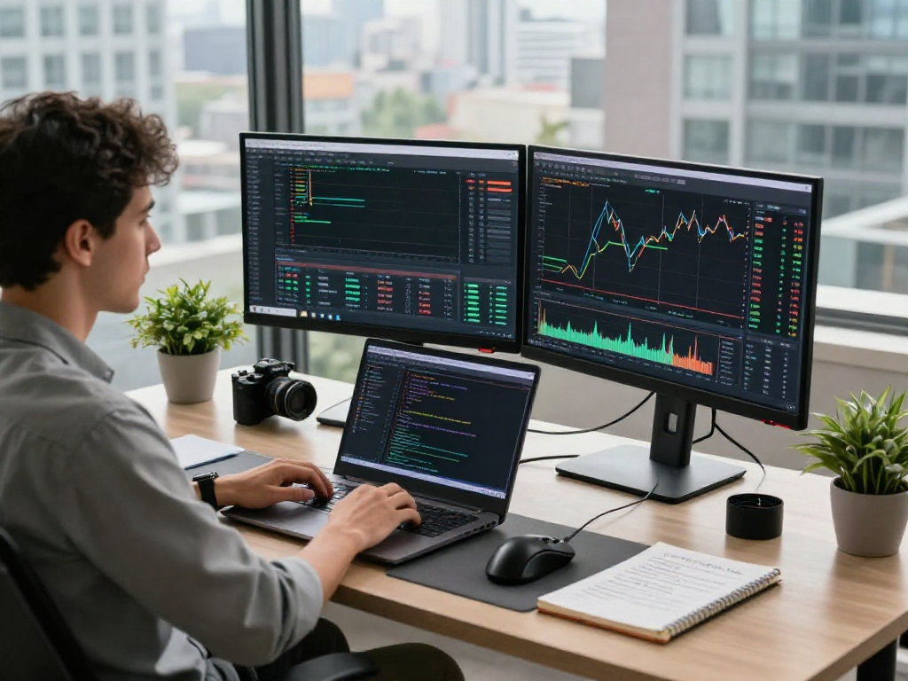 使用 metatrader 5 进行交易的专业工作空间，显示市场数据和图表分析，营造专注的氛围。