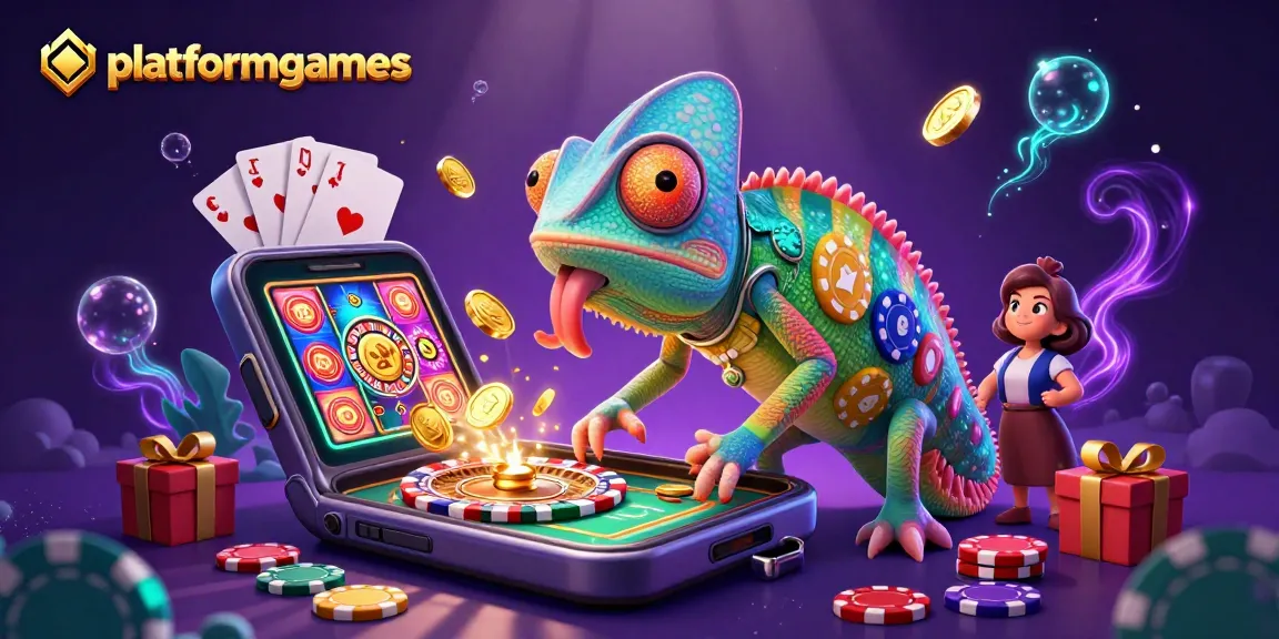Engage in platformgames with a chameleon casino owner catching golden coins amidst dynamic gambling elements.