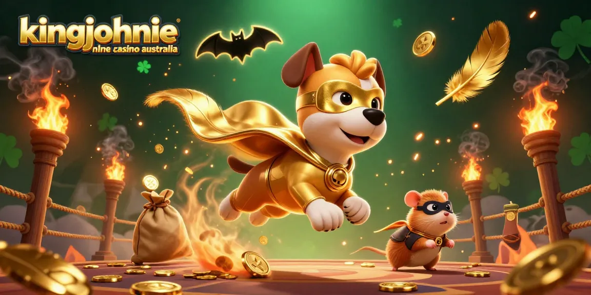 Experience excitement at kingjohnnie online casino australia with a dynamic 3D illustration featuring a superhero dog and hamster.