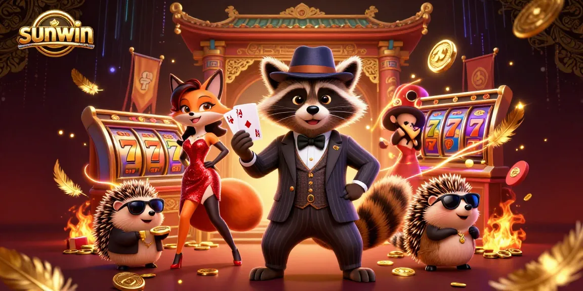 Join sunwin's vibrant gaming scene with a suave raccoon and fox lady immersed in dynamic slots action.