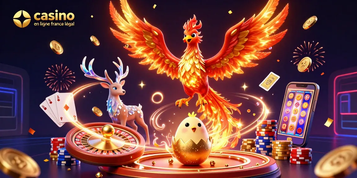 Illustration dynamique d'un casino en ligne France légal avec un phoenix, des pièces d'or et une roulette