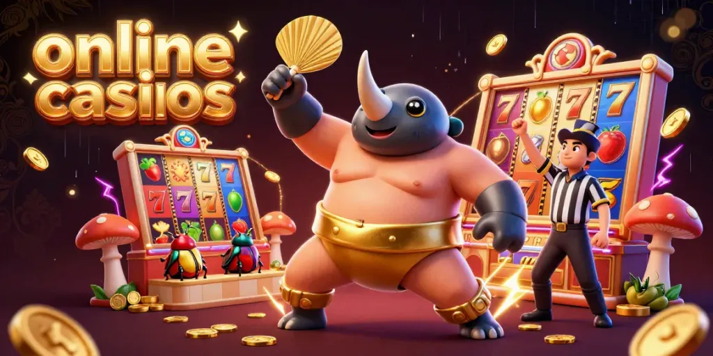 Experience dynamic online casinos action with a sumo champion beetle amidst slot reels and golden coins.