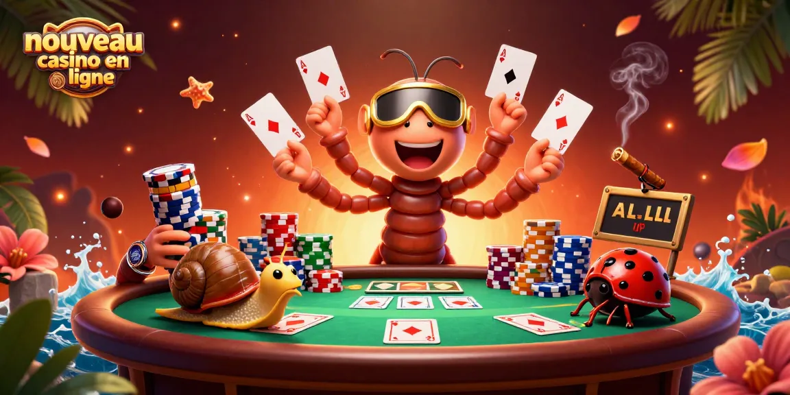Jeu de cartes au nouveau casino en ligne avec un dealer amusant, joueurs et jetons colorés.