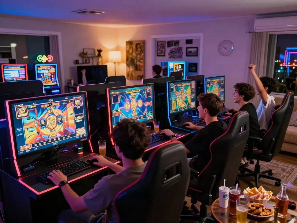 Exciting online gaming atmosphere featuring players enjoying slot resmi experiences in a vibrant home setting.