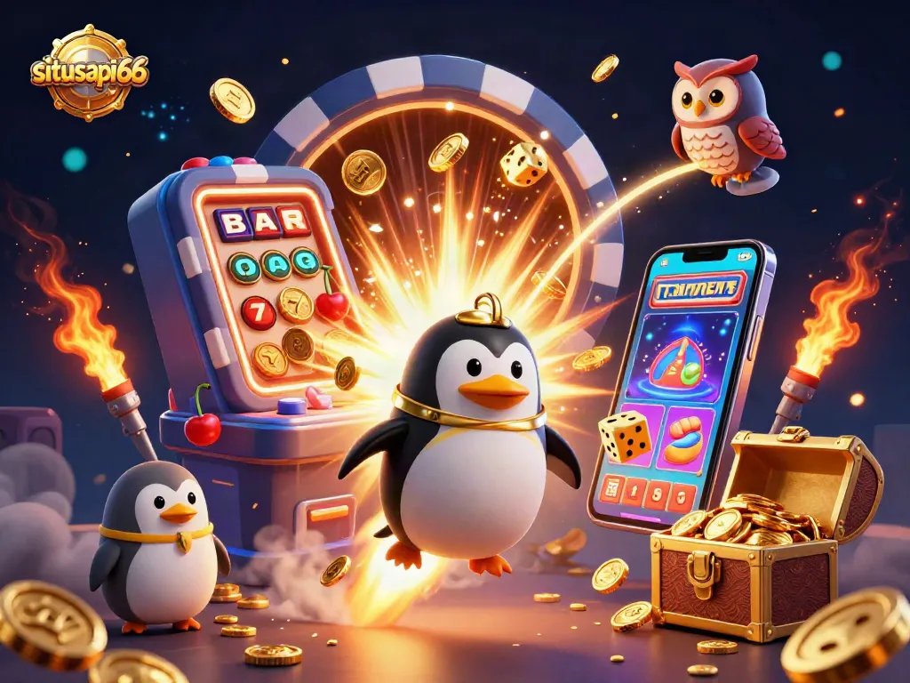 situsapi66 brings excitement with a golden penguin rocket blasting to a casino chip station amidst jackpot explosions.