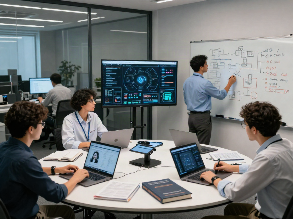 AI Detection team analyzing images in a high-tech lab environment, showcasing collaborative efforts in software development.