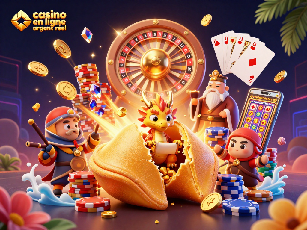 Célébrez les gains avec un dragon sage interprétant des fortunes au casino en ligne argent réel, entouré de jetons et de pièces d'or.