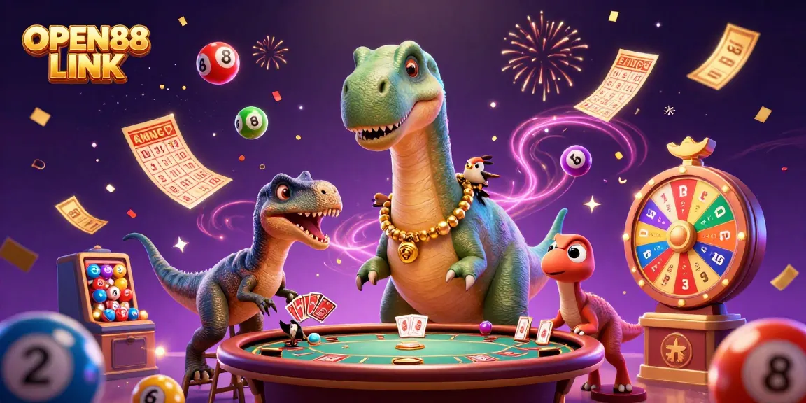 Engage with OPEN88 LINK at a vibrant casino scene featuring lively characters and festive elements.