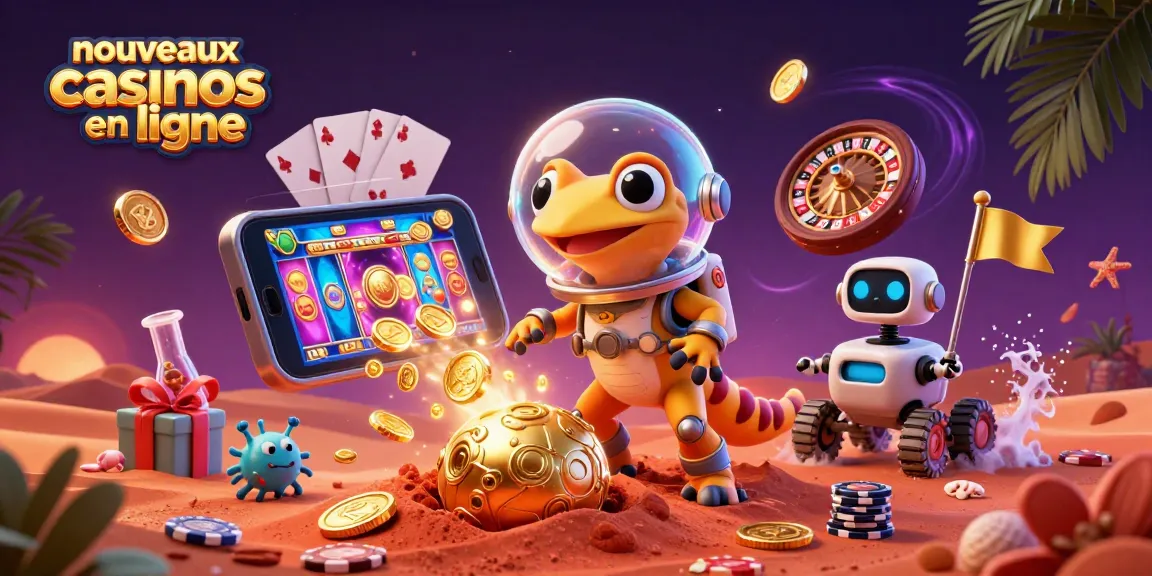 Visualisez les nouveaux casinos en ligne avec un gecko martien explorant un casino doré sur Mars.