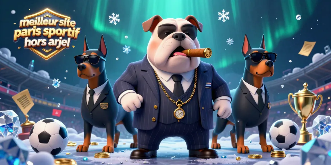 Découvrez le meilleur site paris sportif hors ARJEL avec un bulldog mafieux entouré de ballons de sport.