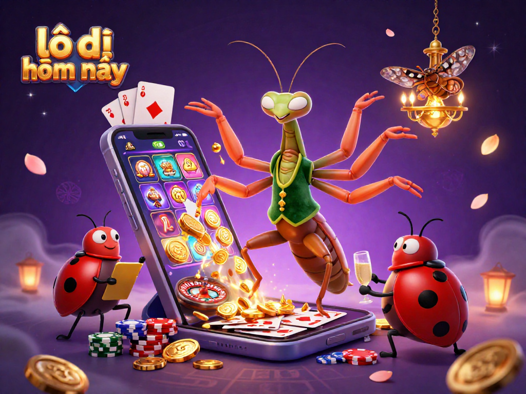 Engaging scene with lô đề hôm nay highlighted, where a giant praying mantis card sharp deals cards, surrounded by casino elements and warm lighting.
