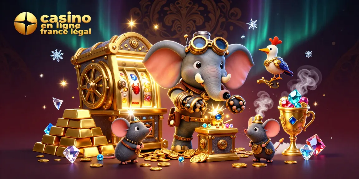 Le casino en ligne légal en France dévoile un éléphant steampunk jouant sur une machine à sous dorée avec des trésors scintillants.