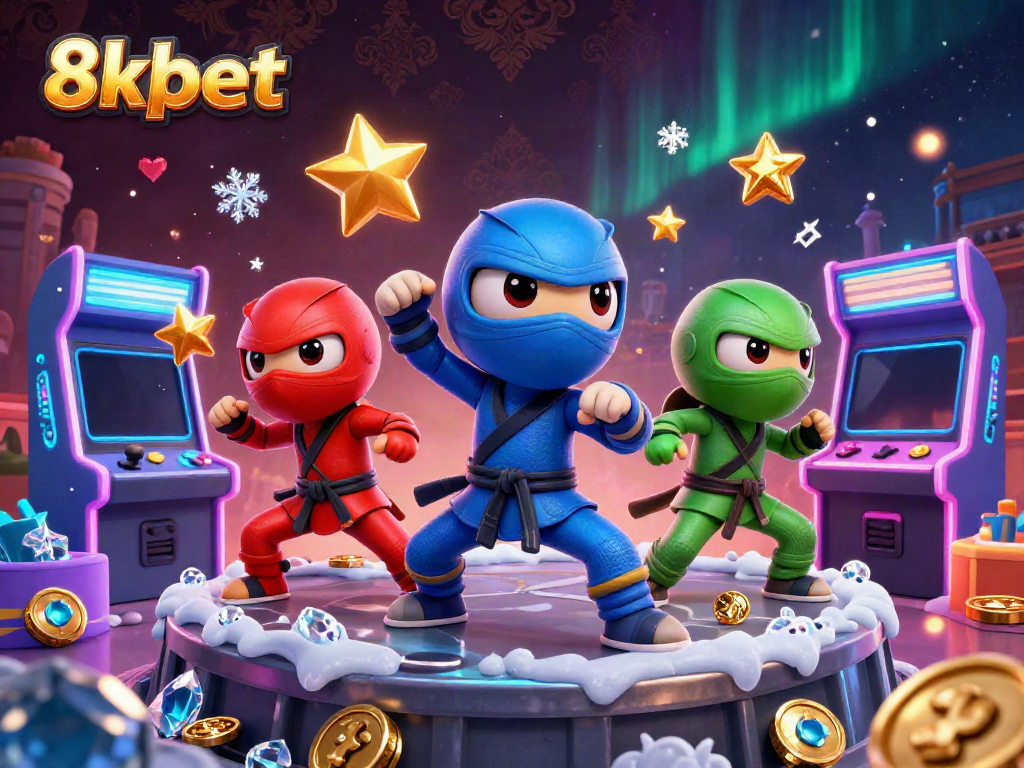 Engage with thrilling gaming action at 8xbet, featuring dynamic chameleon ninjas and arcade elements.