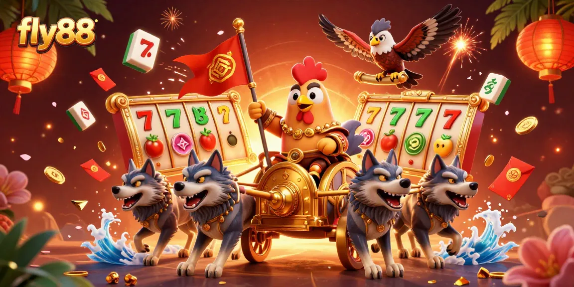 Fly88 showcases a vibrant 3D scene where the rooster warlord conquers a jackpot-filled casino landscape.