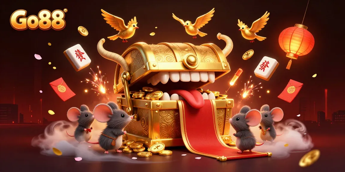 Engage in thrilling adventures with Go88's vibrant casino illustration featuring gold-rich treasures and dynamic game elements.