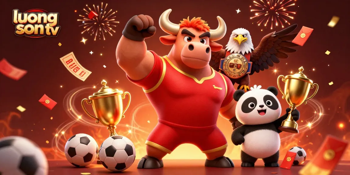 Bet big and win with luong son tv, featuring a bull mascot, eagle, and panda celebrating victory.