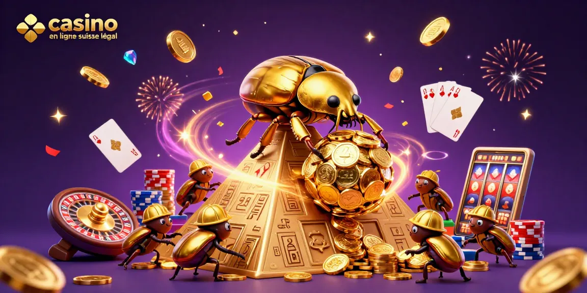 Jeu d'illustration 3D riche représentant un casino en ligne suisse légal avec un scarabée doré.