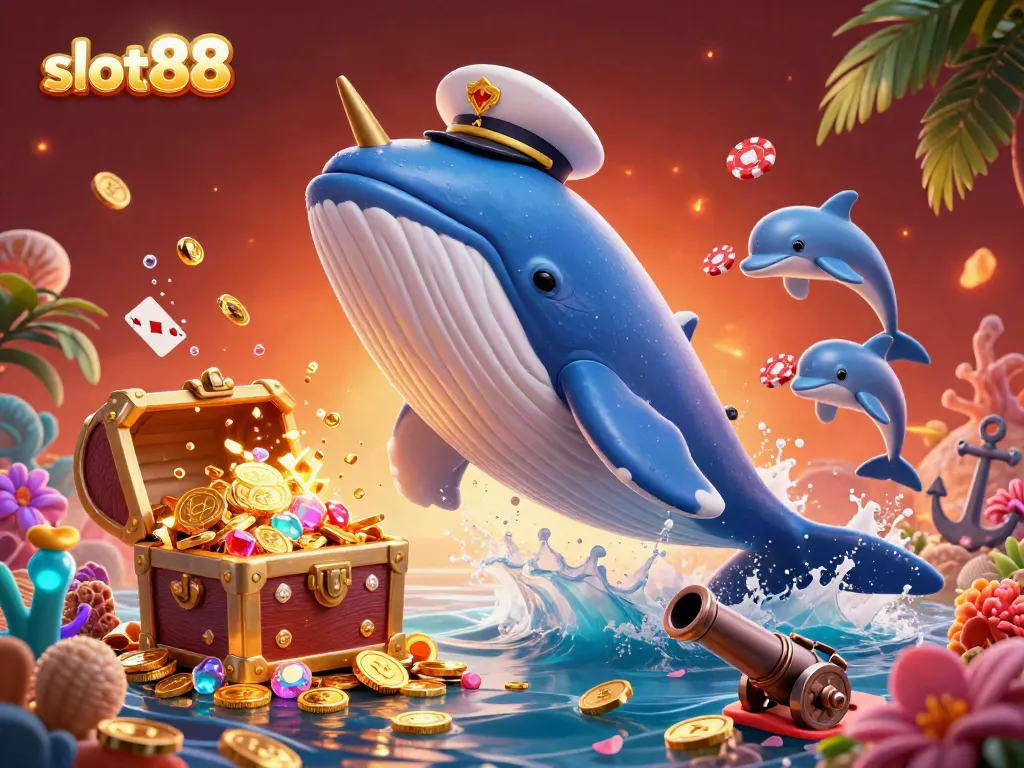 Catch the excitement of slot88 with a whale breaching coins, a golden narwhal, and dolphins juggling poker chips.