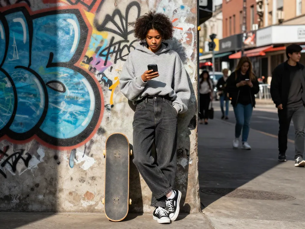 Gaya hidup anak muda dengan diana4d di jalan kota, berpakaian trendy dan dengan skateboard.