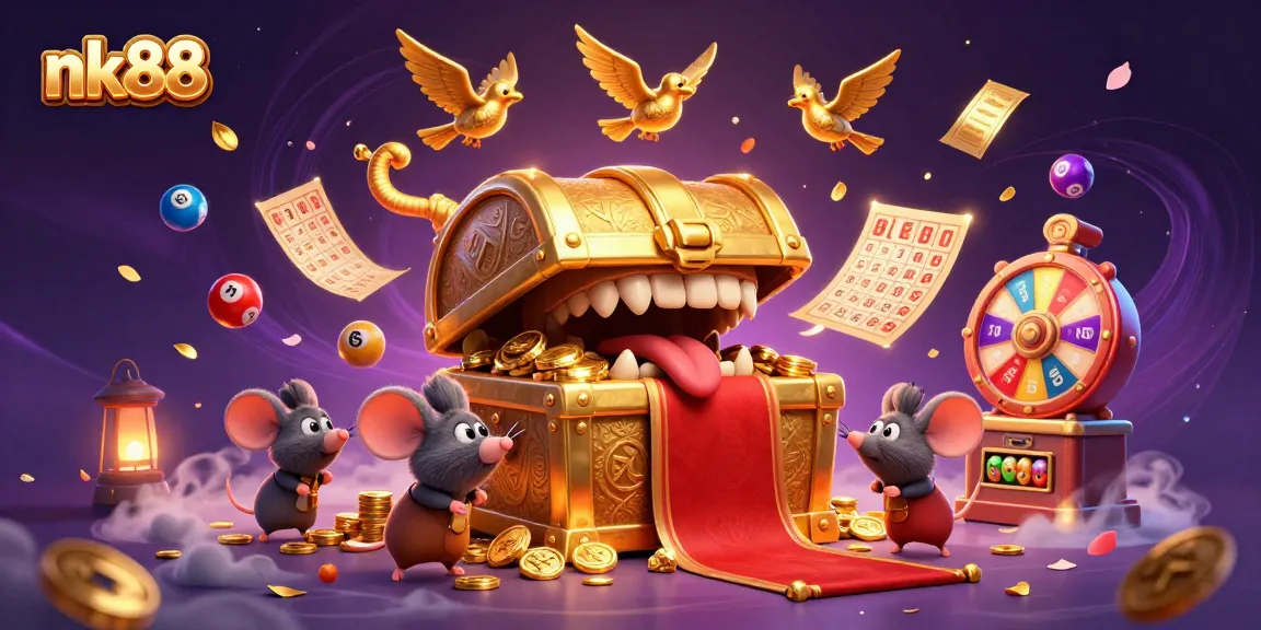Engage with the thrilling nk88 experience, watching treasure chests luring adventurer mice amidst colorful gaming elements.