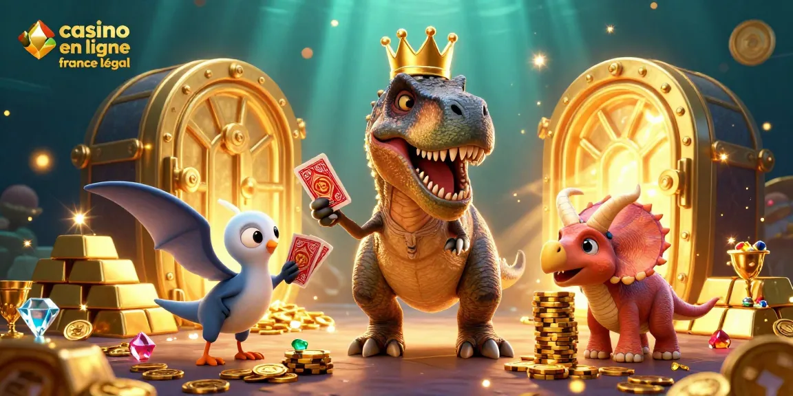 Illustration dynamique d'un casino en ligne légal en France avec un T-Rex animant des cartes et un Tricératops empilant des jetons d'or.