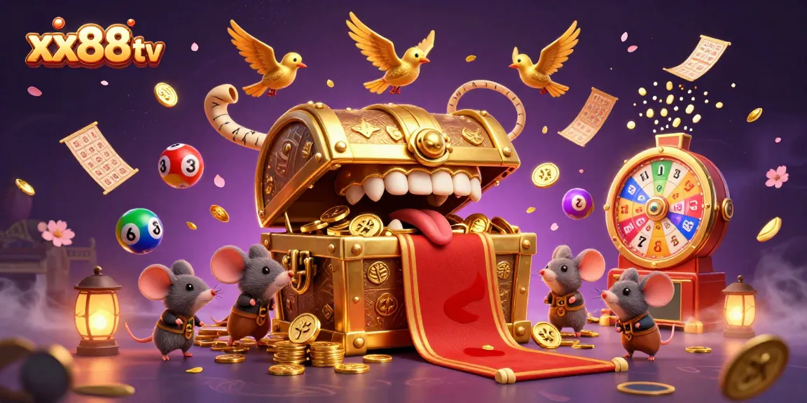 Experience exciting gameplay with xx88 tv as golden treasures and colorful lottery balls collide in this vivid casino scene.