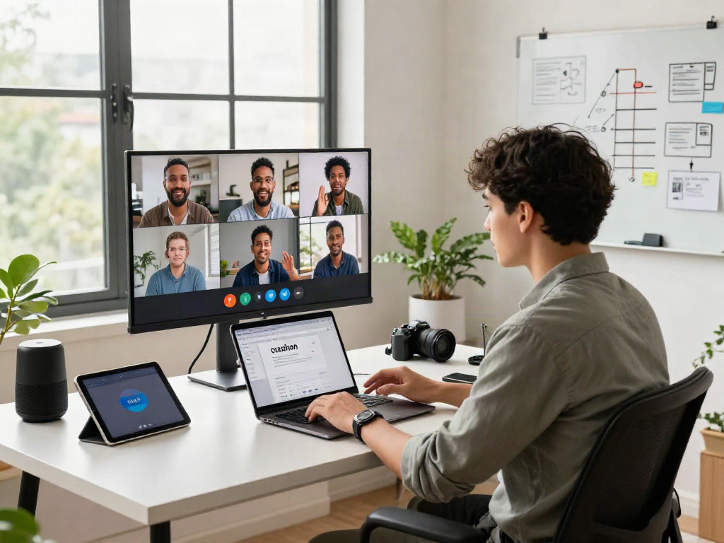 Professional using crushon for collaboration in a modern home office with tech gadgets and natural light.