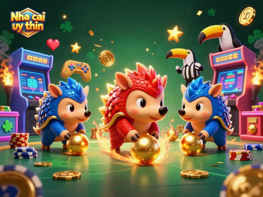 Nha cai uy tin showcases a vibrant 3D illustration of rival pangolins bowling through poker chips in a casino