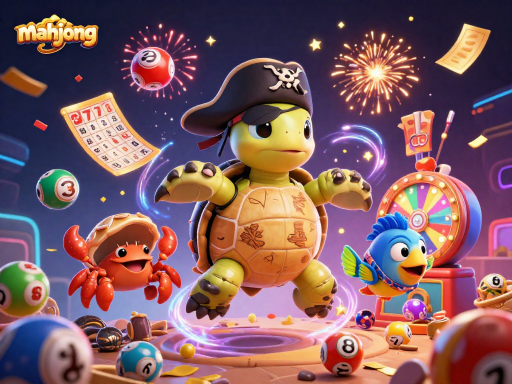 Engage in mahjong slot adventures with pirate turtle and friends amidst treasure and confetti.