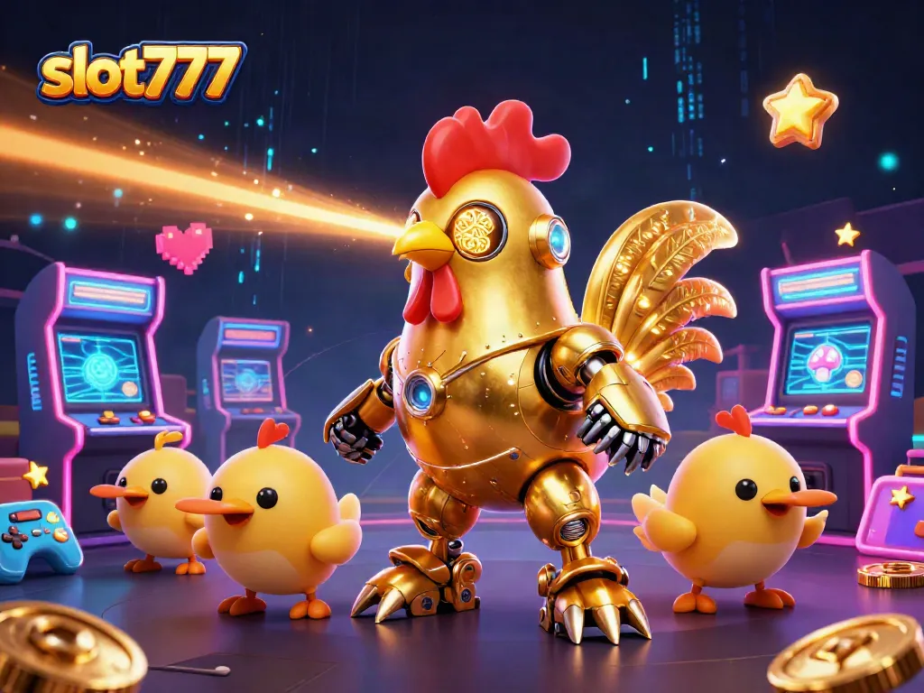 Putar slot777 dengan karakter robot jantan emas dan drone anak-anak yang mengikuti, dihiasi mesin permainan neon.