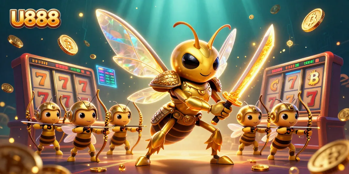 U888 Casino scene showcasing a giant hornet and bee archers amidst slot reels and digital elements, creating a thrilling environment.