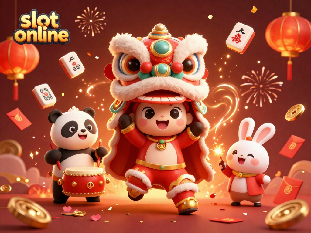 Experience thrilling slot online action with vibrant characters celebrating with decorations and game elements.