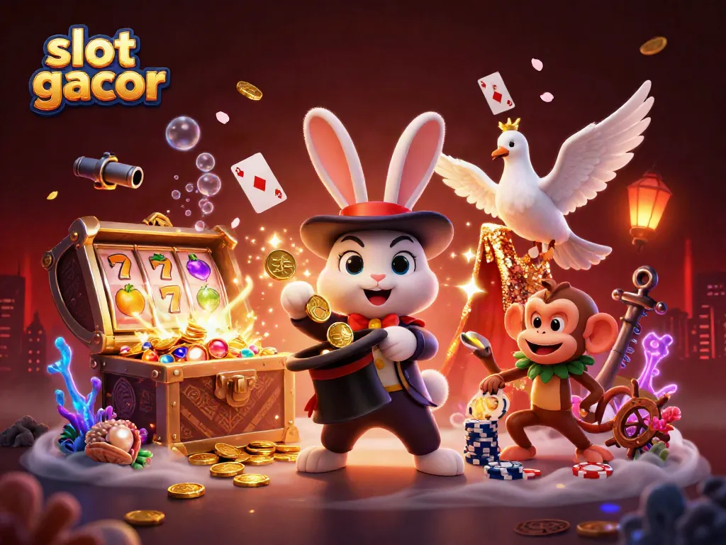 Gambarkan slot gacor dengan karakter si kelinci magis, burung merpati dan monyet yang mencuri chip poker di dunia slot yang penuh harta.